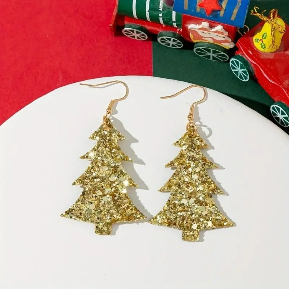 NEW- Glitter Gold Christmas Tree Dangle Earrings PU Leather